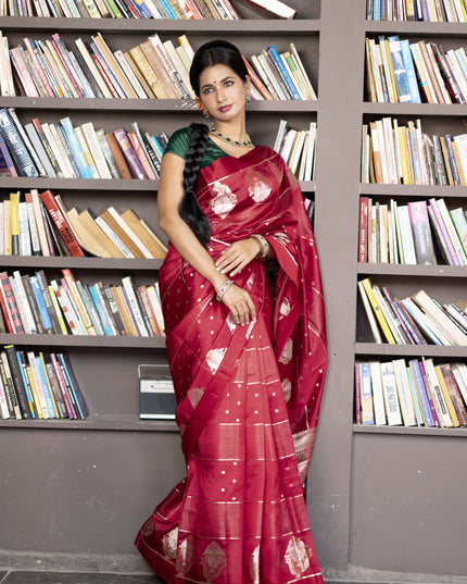 Banarasi poona silk saree red with allover zari weaves & buttas and zari woven butta border