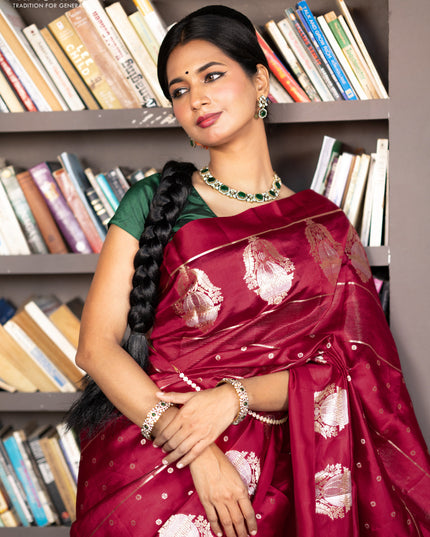 Banarasi poona silk saree red with allover zari weaves & buttas and zari woven butta border