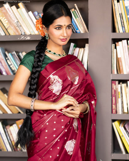 Banarasi poona silk saree red with allover zari weaves & buttas and zari woven butta border