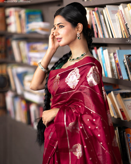 Banarasi poona silk saree red with allover zari weaves & buttas and zari woven butta border