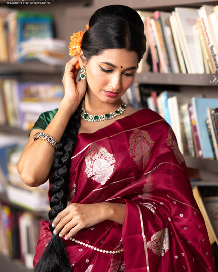 Banarasi poona silk saree red with allover zari weaves & buttas and zari woven butta border