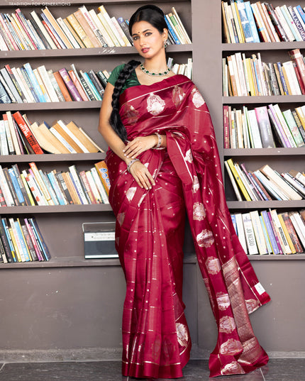 Banarasi poona silk saree red with allover zari weaves & buttas and zari woven butta border