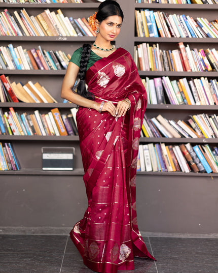 Banarasi poona silk saree red with allover zari weaves & buttas and zari woven butta border