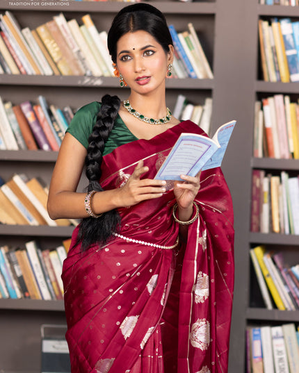 Banarasi poona silk saree red with allover zari weaves & buttas and zari woven butta border