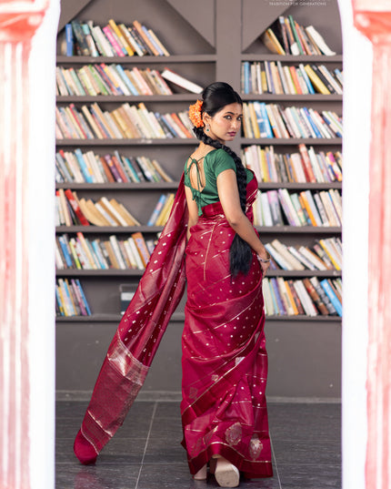 Banarasi poona silk saree red with allover zari weaves & buttas and zari woven butta border