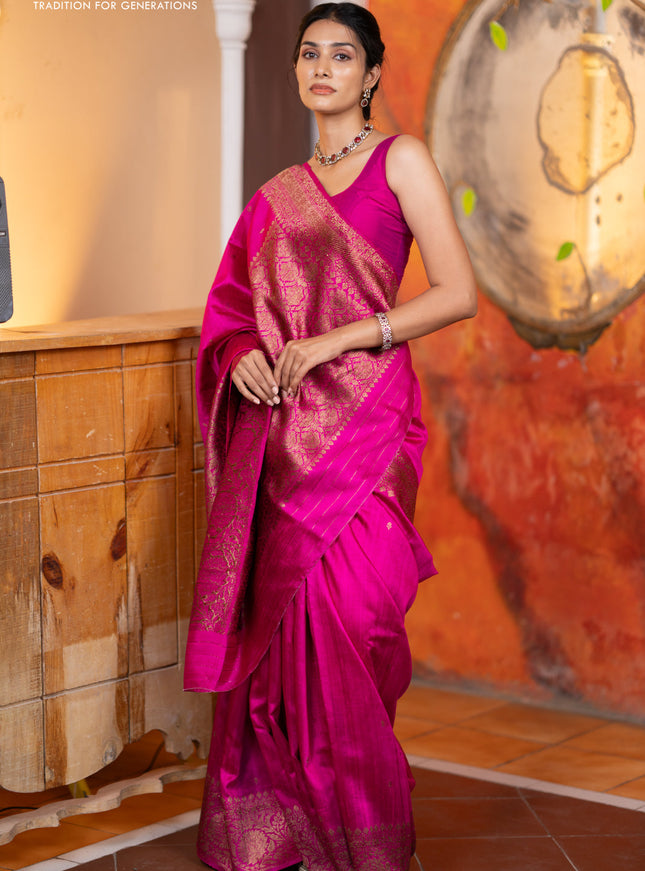 Banarasi raw silk saree pink with woven buttas and thread & zari woven border