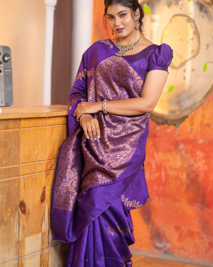 Banarasi raw silk saree violet with allover thread & zari weaves in borderless style