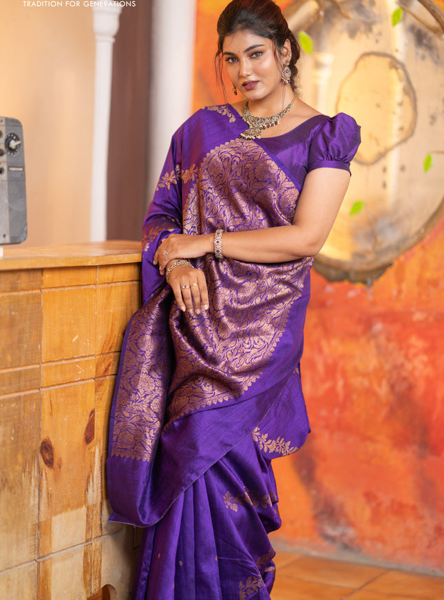 Banarasi raw silk saree violet with allover thread & zari weaves in borderless style