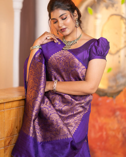 Banarasi raw silk saree violet with allover thread & zari weaves in borderless style