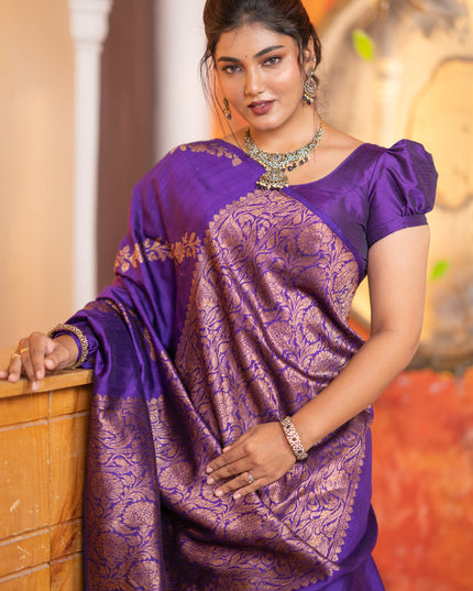 Banarasi raw silk saree violet with allover thread & zari weaves in borderless style