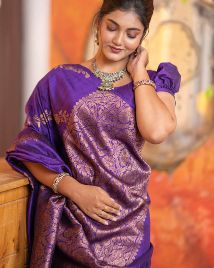 Banarasi raw silk saree violet with allover thread & zari weaves in borderless style