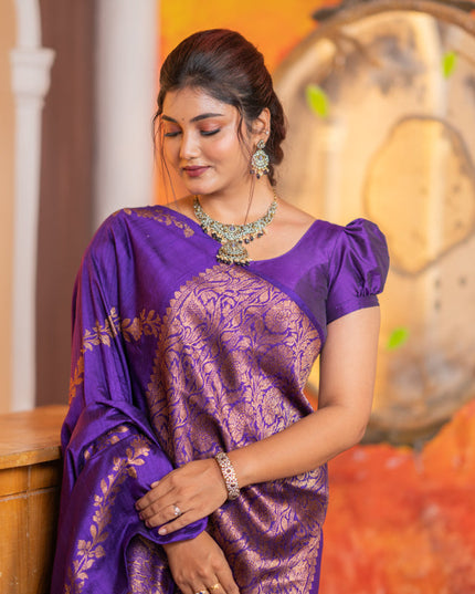 Banarasi raw silk saree violet with allover thread & zari weaves in borderless style