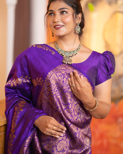 Banarasi raw silk saree violet with allover thread & zari weaves in borderless style