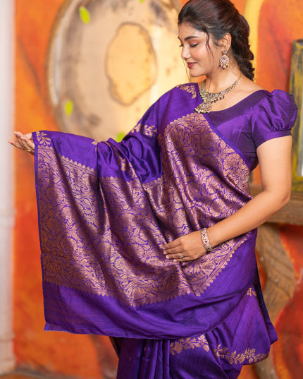 Banarasi raw silk saree violet with allover thread & zari weaves in borderless style