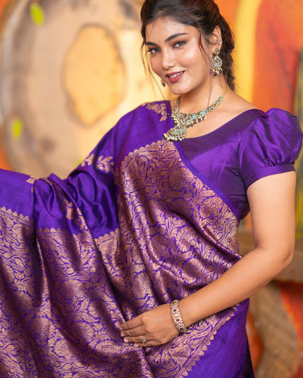 Banarasi raw silk saree violet with allover thread & zari weaves in borderless style