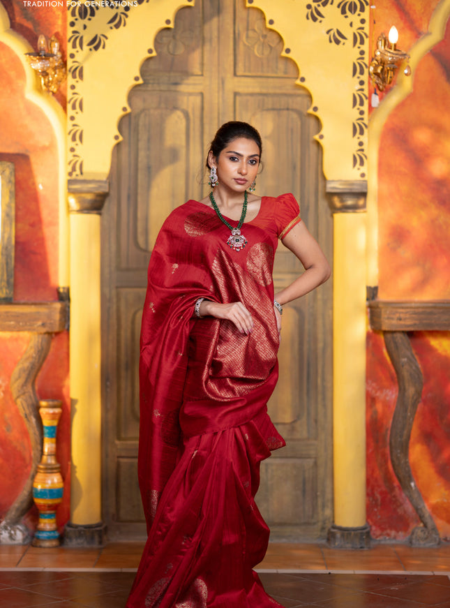 Banarasi raw silk saree red with woven buttas and butta border