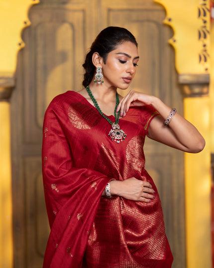 Banarasi raw silk saree red with woven buttas and butta border