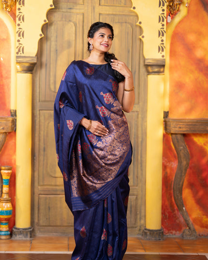 Banarasi raw silk saree dark blue with woven buttas in borderless style