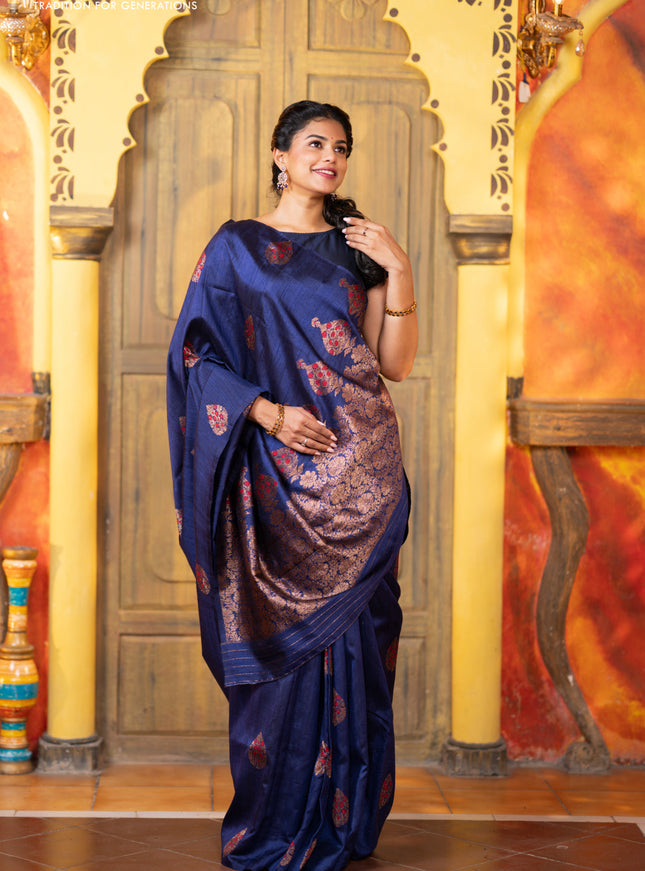 Banarasi raw silk saree dark blue with woven buttas in borderless style