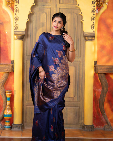 Banarasi raw silk saree dark blue with woven buttas in borderless style