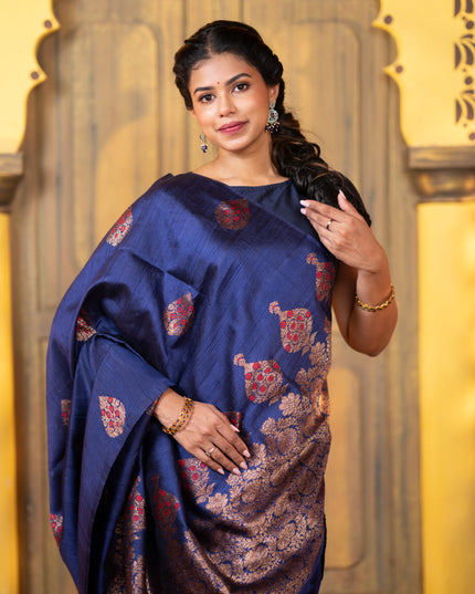 Banarasi raw silk saree dark blue with woven buttas in borderless style