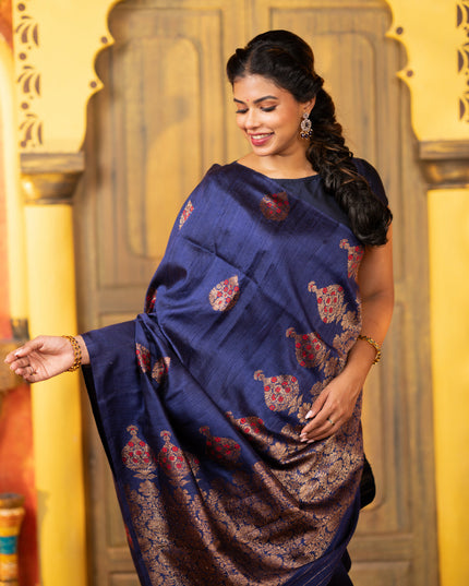 Banarasi raw silk saree dark blue with woven buttas in borderless style