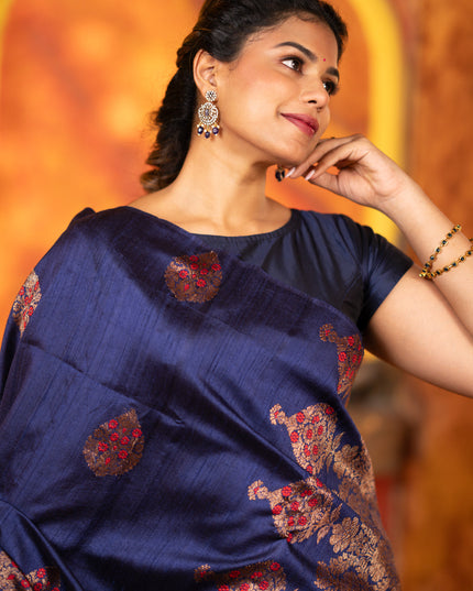 Banarasi raw silk saree dark blue with woven buttas in borderless style