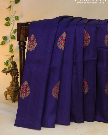 Banarasi raw silk saree dark blue with woven buttas in borderless style