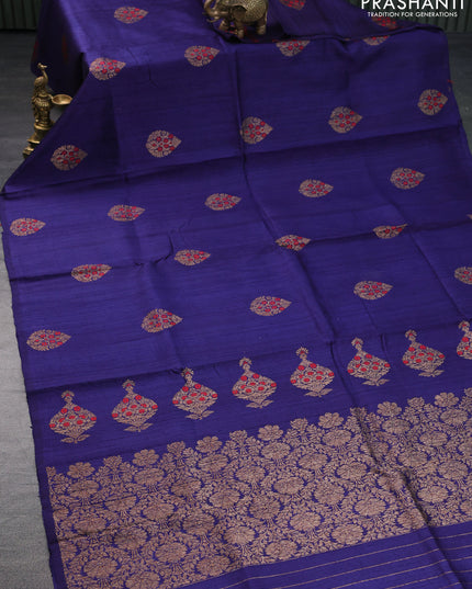 Banarasi raw silk saree dark blue with woven buttas in borderless style