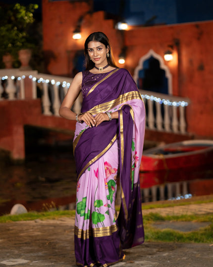 Pure mysore silk saree mild purple and deep purple with allover pichwai prints and long rettapet zari woven border