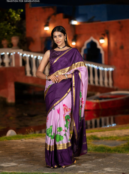 Pure mysore silk saree mild purple and deep purple with allover pichwai prints and long rettapet zari woven border