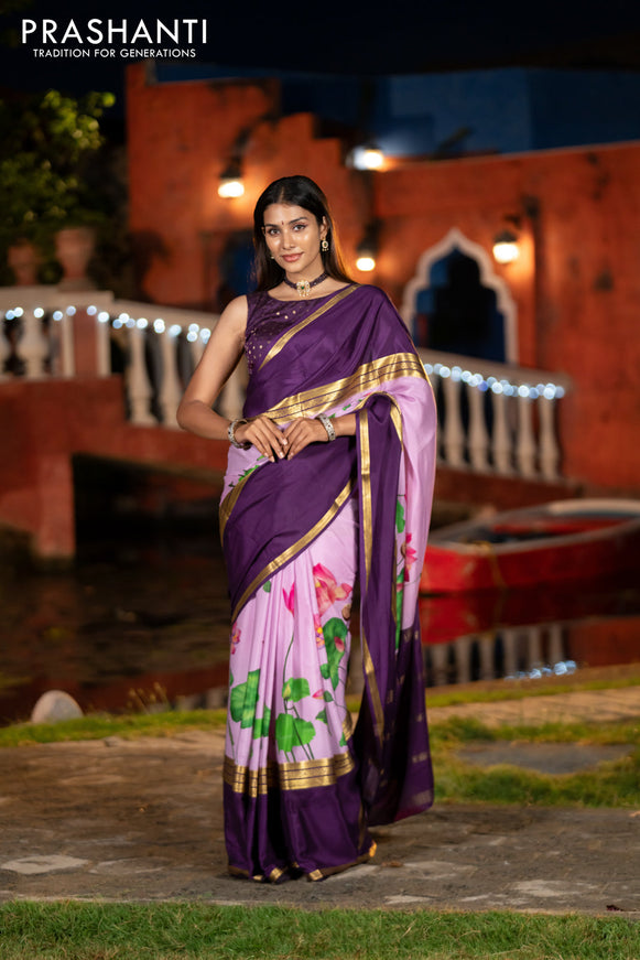 Pure mysore silk saree mild purple and deep purple with allover pichwai prints and long rettapet zari woven border