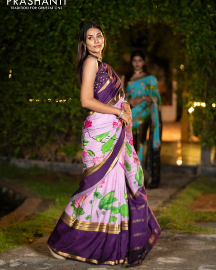 Pure mysore silk saree mild purple and deep purple with allover pichwai prints and long rettapet zari woven border