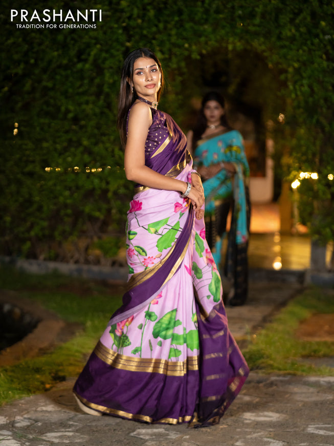 Pure mysore silk saree mild purple and deep purple with allover pichwai prints and long rettapet zari woven border