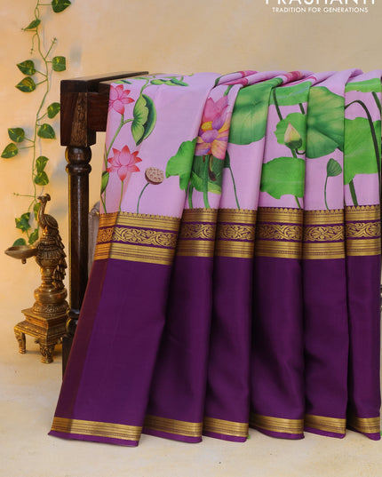 Pure mysore silk saree mild purple and deep purple with allover pichwai prints and long rettapet zari woven border