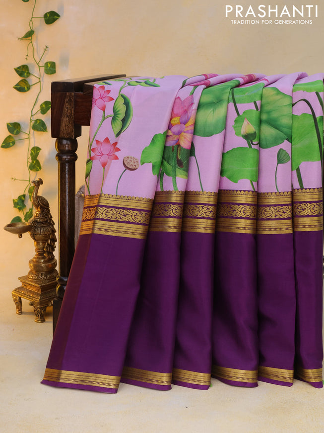 Pure mysore silk saree mild purple and deep purple with allover pichwai prints and long rettapet zari woven border