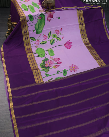 Pure mysore silk saree mild purple and deep purple with allover pichwai prints and long rettapet zari woven border