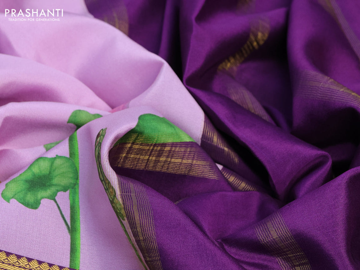 Pure mysore silk saree mild purple and deep purple with allover pichwai prints and long rettapet zari woven border