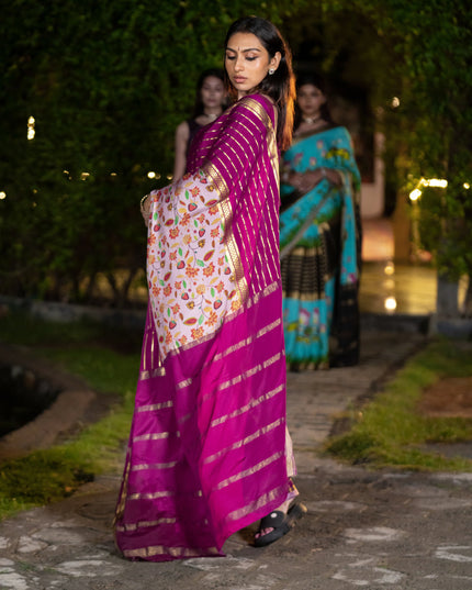 Pure mysore silk saree pastel pink and magenta pink with allover floral digital prints and long zari woven simple border