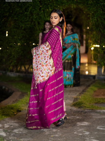 Pure mysore silk saree pastel pink and magenta pink with allover floral digital prints and long zari woven simple border