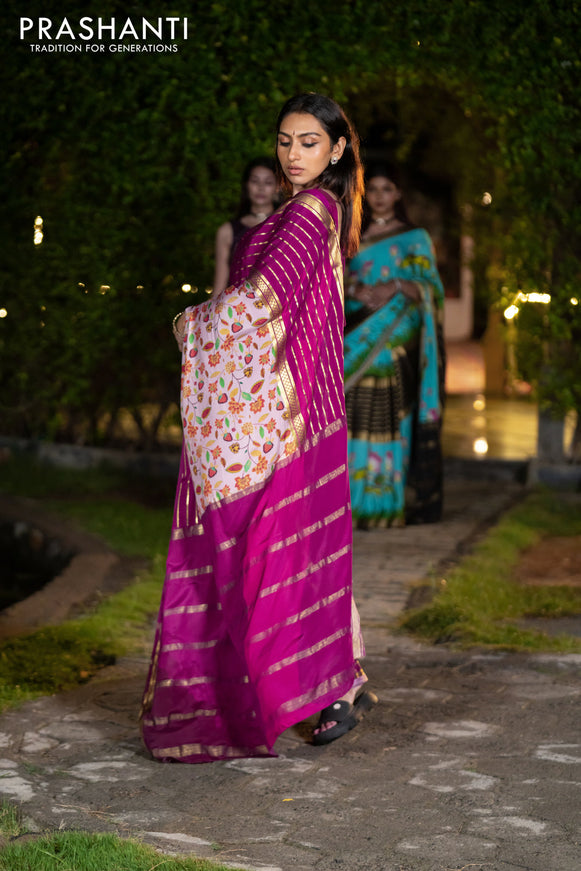 Pure mysore silk saree pastel pink and magenta pink with allover floral digital prints and long zari woven simple border