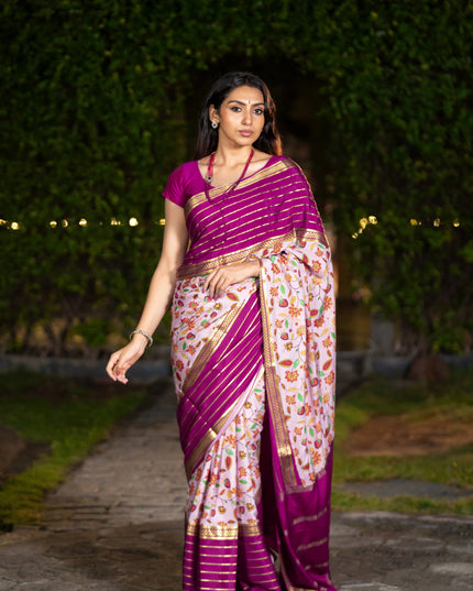 Pure mysore silk saree pastel pink and magenta pink with allover floral digital prints and long zari woven simple border