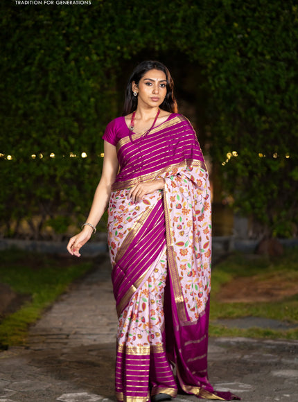 Pure mysore silk saree pastel pink and magenta pink with allover floral digital prints and long zari woven simple border