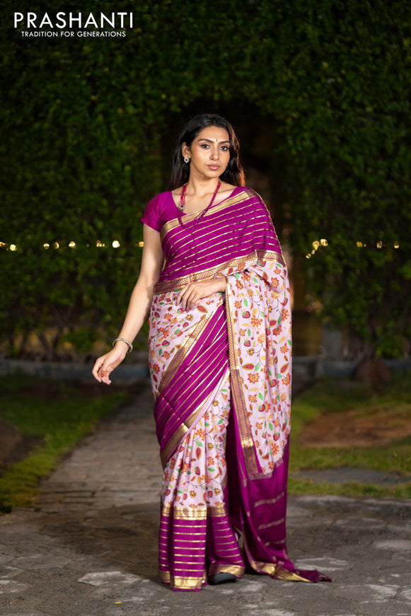 Pure mysore silk saree pastel pink and magenta pink with allover floral digital prints and long zari woven simple border