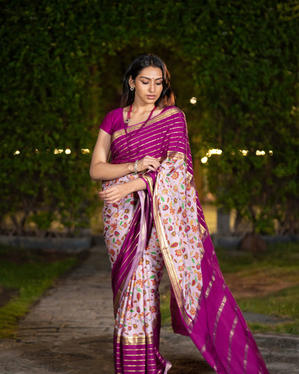 Pure mysore silk saree pastel pink and magenta pink with allover floral digital prints and long zari woven simple border