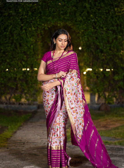 Pure mysore silk saree pastel pink and magenta pink with allover floral digital prints and long zari woven simple border