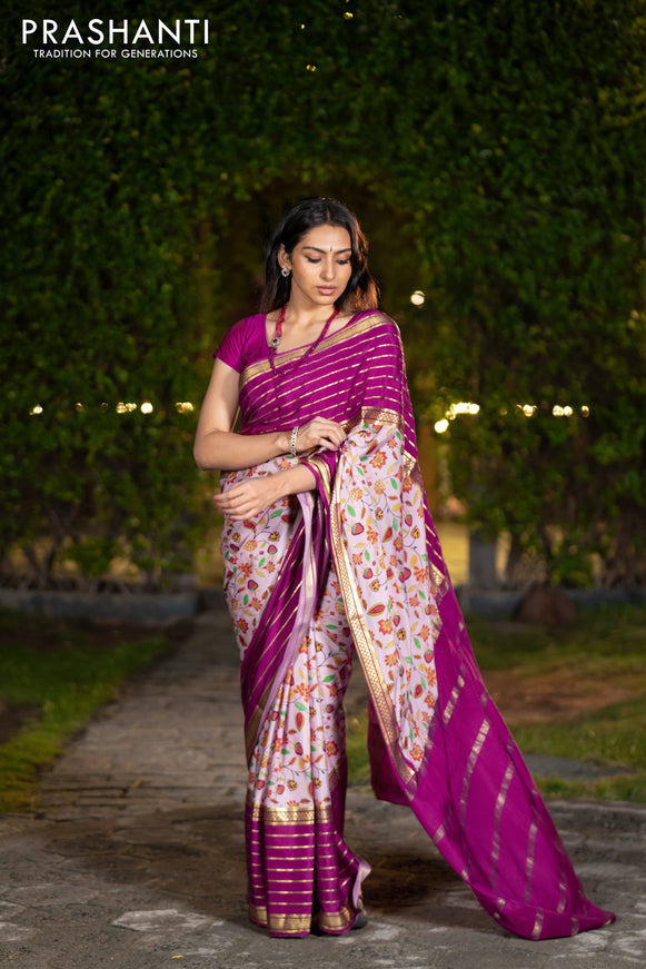 Pure mysore silk saree pastel pink and magenta pink with allover floral digital prints and long zari woven simple border