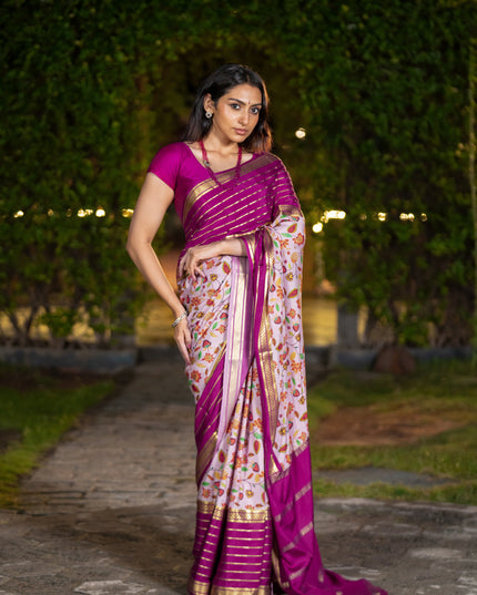 Pure mysore silk saree pastel pink and magenta pink with allover floral digital prints and long zari woven simple border