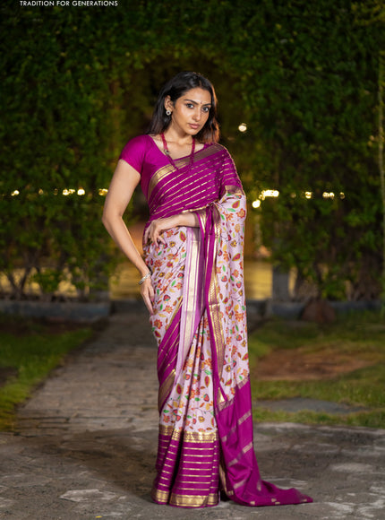 Pure mysore silk saree pastel pink and magenta pink with allover floral digital prints and long zari woven simple border