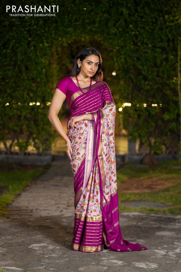 Pure mysore silk saree pastel pink and magenta pink with allover floral digital prints and long zari woven simple border